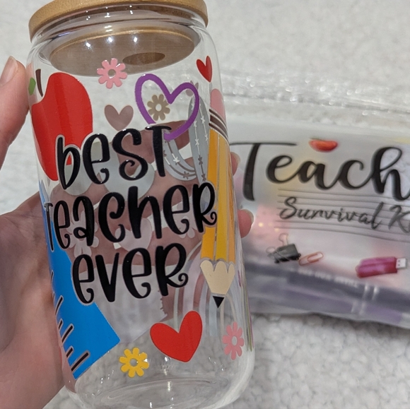 Best Teacher Ever Glass Tumbler with Teacher Survival Kit - Picture 2 of 16